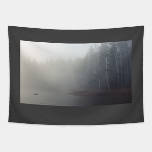 Foggy lake and forest Tapestry