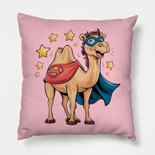 Creative and humorous vector print of a Bactrian camel, wearing a superhero cape and mask, standing confidently with a cheerful smile Pillow