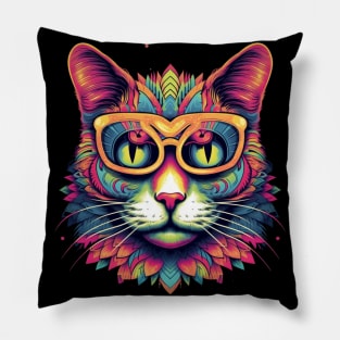 Colorful Cat with Glasses Illustration Pillow