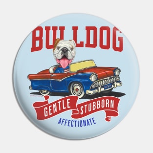 Cute and funny bulldog in a retro vintage car using red white and blue flags Pin