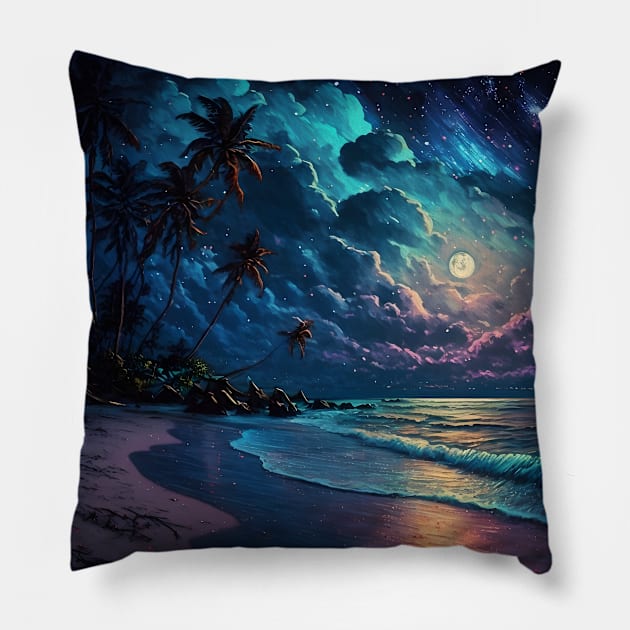 Star Coast, Maldives, Night Beach Pillow by AtypicalWorld