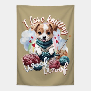 Cute Dog Knitting a Yarn Funny Knitter Crochet Lover Tapestry