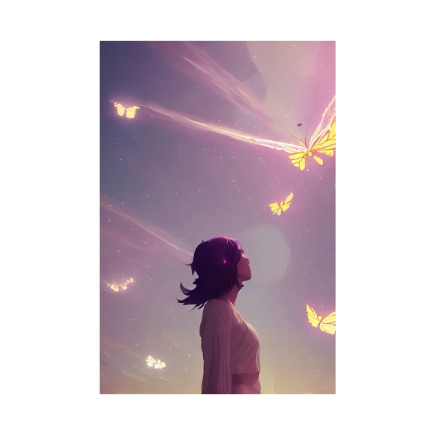 Cute Anime Girl Butterflies Lights Sky Landscape by Trendy-Now