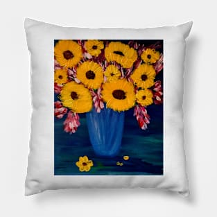 Some vintage style sunflower In blue and silver vase Pillow