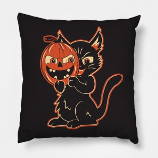 Vintage Halloween Black Cat With Pumpkin Mask Pillow