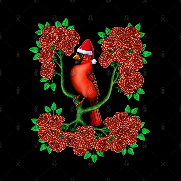 Red Cardinal in rose flowers Christmas by Artardishop