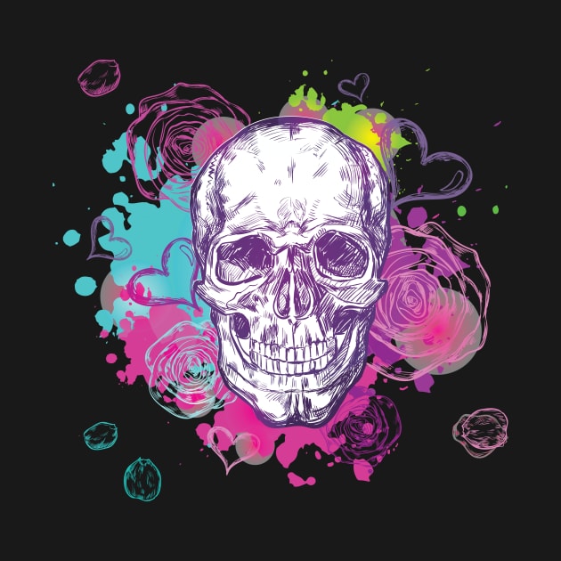 Colorful skull with flowers by La Moda Tee