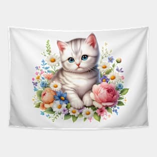 A cat decorated with beautiful colorful flowers. Tapestry