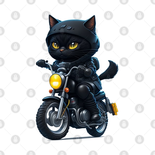 Funny Cute Black Cat Riding Motorcycle by Pixelate Cat