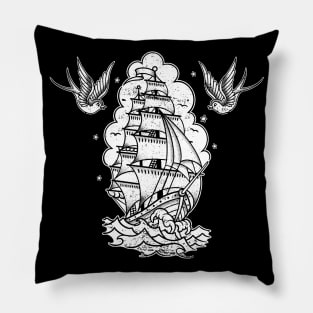 Distressed Traditional Tattoo Sailing Ship and Swallows Pillow