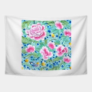 Pink chinoiserie flowers and leaves on turquoise Tapestry