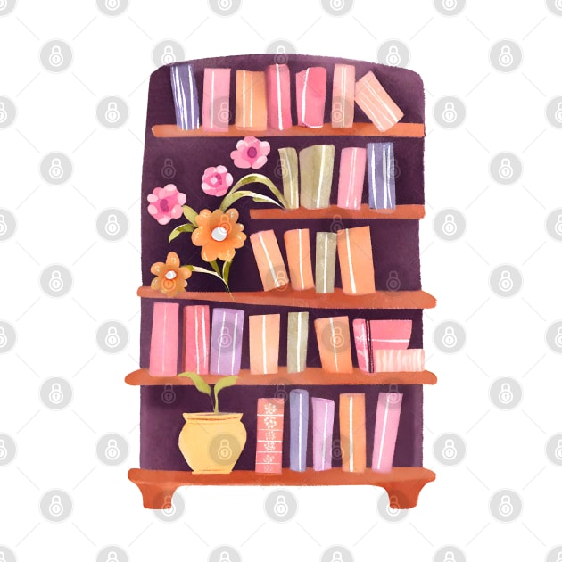 Cute Watercolor Bookshelf with Flowers and Books by FarmOfCuties