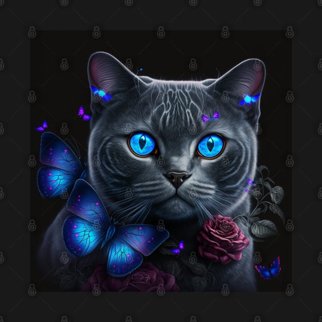 Gleaming Blue British Shorthair With Butterflies by Enchanted Reverie