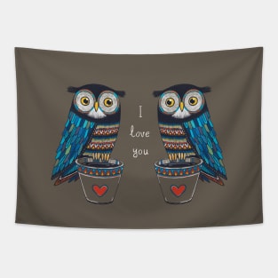 Cute owl couple in chalk hand drawn style Tapestry