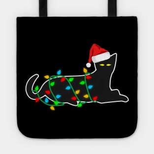 Black Cat tangled in Christmas lights Tote