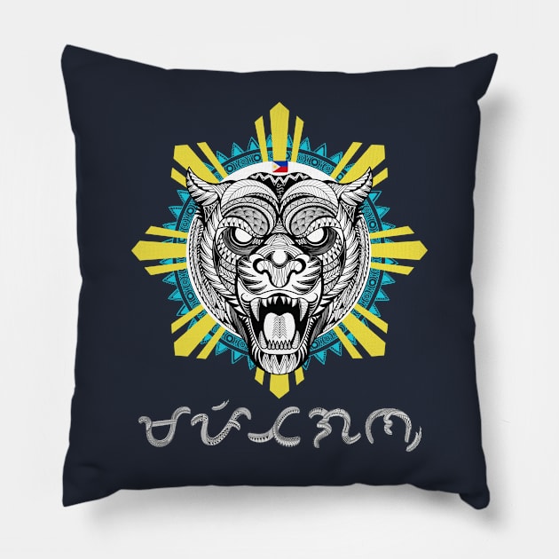 Philippine Sun Tribal line Art Tiger / Baybayin word Mapitagan (Respectful/Reverently) Pillow by Pirma Pinas