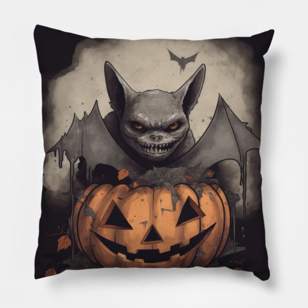 a bat with bat wings and a pumpkin Pillow by Alekxemko