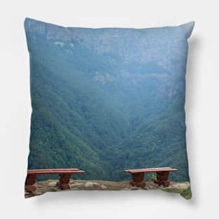 Two wooden benches with a view of beautiful mountain Pillow