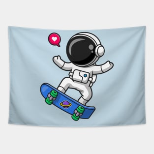 Cute Astronaut Playing Skateboard Cartoon Tapestry