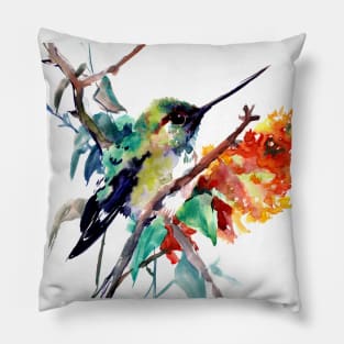 Cute Hummingbird and Orange Flower Pillow