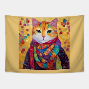 Colorful Cat Portrait Painting After Gustav Klimt Tapestry
