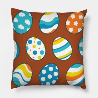 Egg Pattern | Blue Yellow Orange | Stripes Clouds Flowers Dots | Brown Pillow