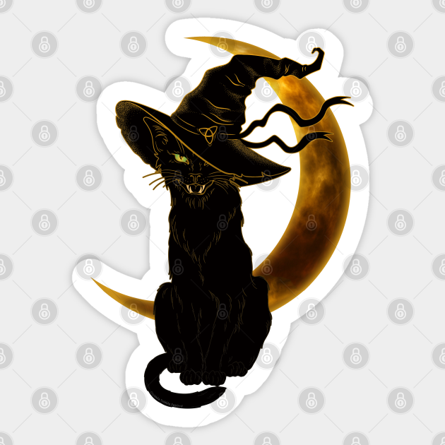 Black Cat with Witch Hat and Crescent Moon - Black Cat - Sticker