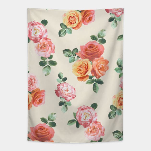 Retro Peach and Pink Roses Tapestry by micklyn