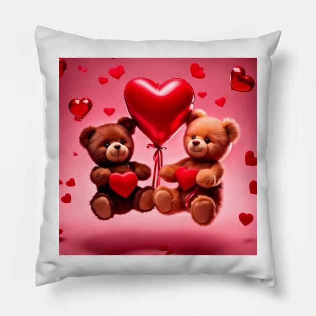 Teddy celebrating Valentines day, randome floating love hearts Pillow by Colin-Bentham