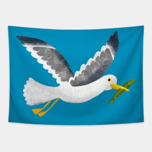 Seagull with a little fish - Cute coastal bird by Cecca Designs Tapestry