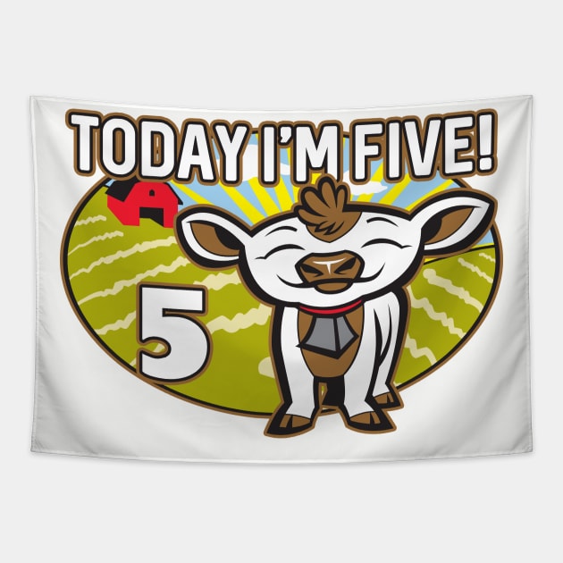 Kid's 5th Birthday T-Shirt Today I'm Five! Cute Cow Tapestry by CoffeeandTeas