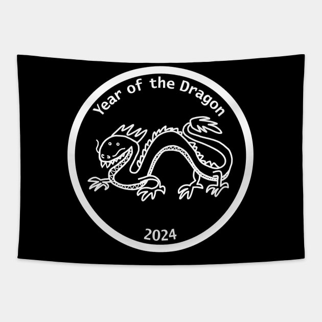 Year of the Dragon 2024 White Line Tapestry by ellenhenryart