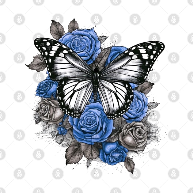 Butterfly and Blue Roses by Grafikstudio