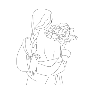 Line Art Woman With Flowers T-Shirt