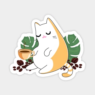 Ginger persian orange cute cat drinking coffee surrounded by leaves and beans of coffee Magnet