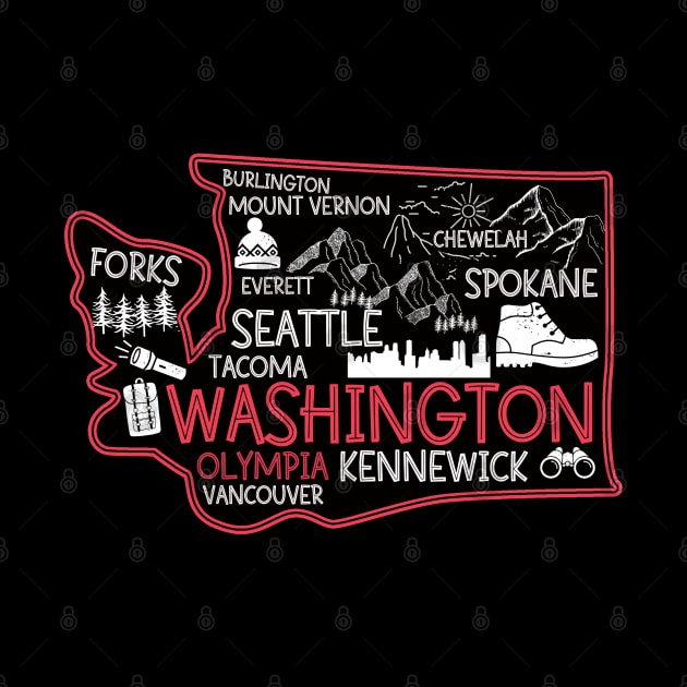 Washington Olympia Cute Map Tacoma Kennewick Forks Spokane cute travel design by BoogieCreates