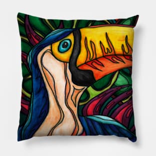 Colorful toucan bird painting, maximalist jungle art Pillow