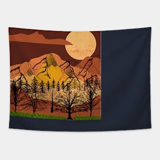 Organic Textured Collage of Trees, Mountains and Moon Tapestry