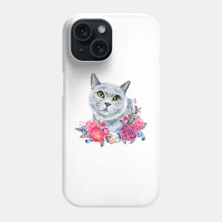 Cute Russian Blue Cat with Roses Watercolor Art Phone Case