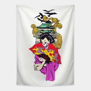 Geisha With Fan Over Pagoda Tapestry