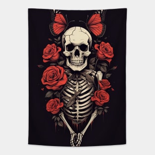 skeleton with roses on black background Tapestry