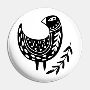 Folk Art Bird with Branch of Leaves in Black Pin