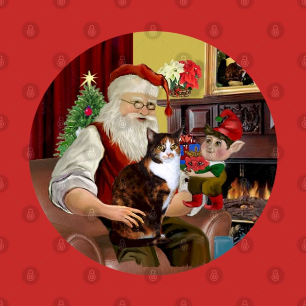 Santa at Home with His Calico Cat with a White Bib by Dogs Galore and More