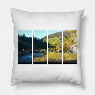 View from Bunbrugge (1700). A 66-meter covered wooden bridge on the border between Italy and Austria: it stands at the foot of Heinfels Castle, the symbol of the town. Tyrol, Austria Pillow