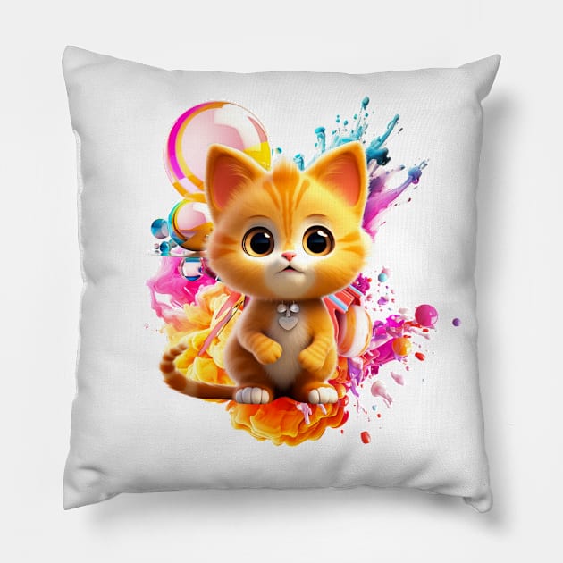 Cute Animal Characters Art 1 -kitten with Abstract- Pillow by Lematworks