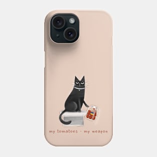 Cartoon black cat throwing off a jar of tomatoes with the inscription "My tomatoes - my weapon." Phone Case