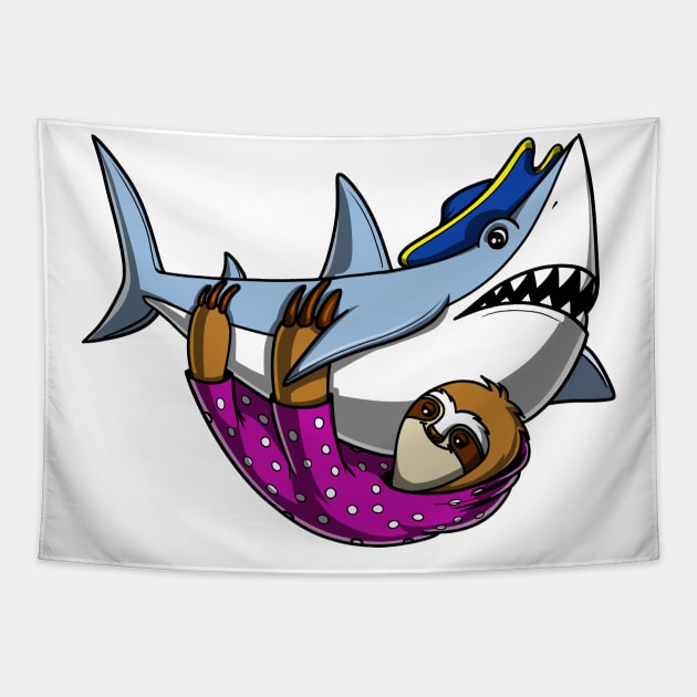 Sloth Riding Shark Pirate Tapestry by underheaven