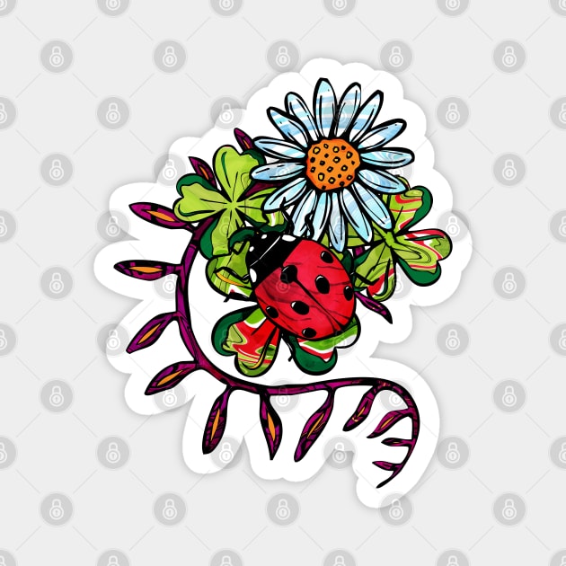 Red ladybug and white daisies on clover leaves Magnet by NadiaChevrel