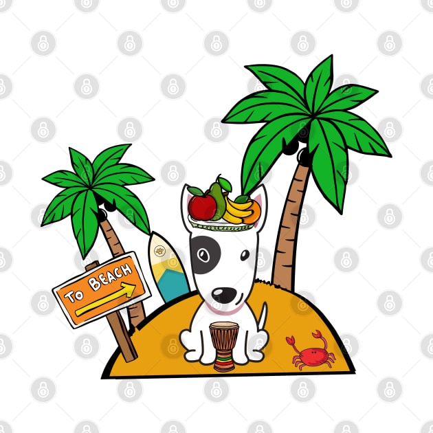 Funny bull terrier is on a deserted island by Pet Station