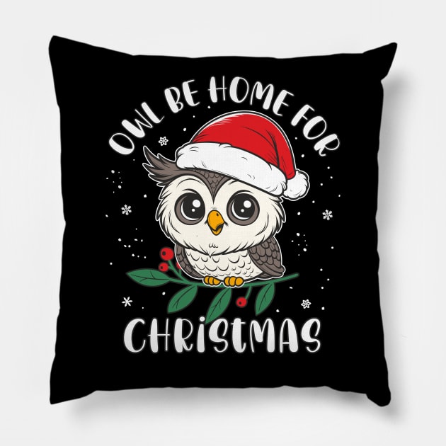 Christmas "Owl Be Home For Christmas"Funny X-mas Owl Pun Pillow by FloraLi